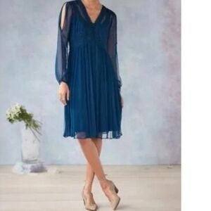 SUNDANCE DRESS BOHO SEMI SHEER CRINKLE CROCHET BLUE SIZE 14